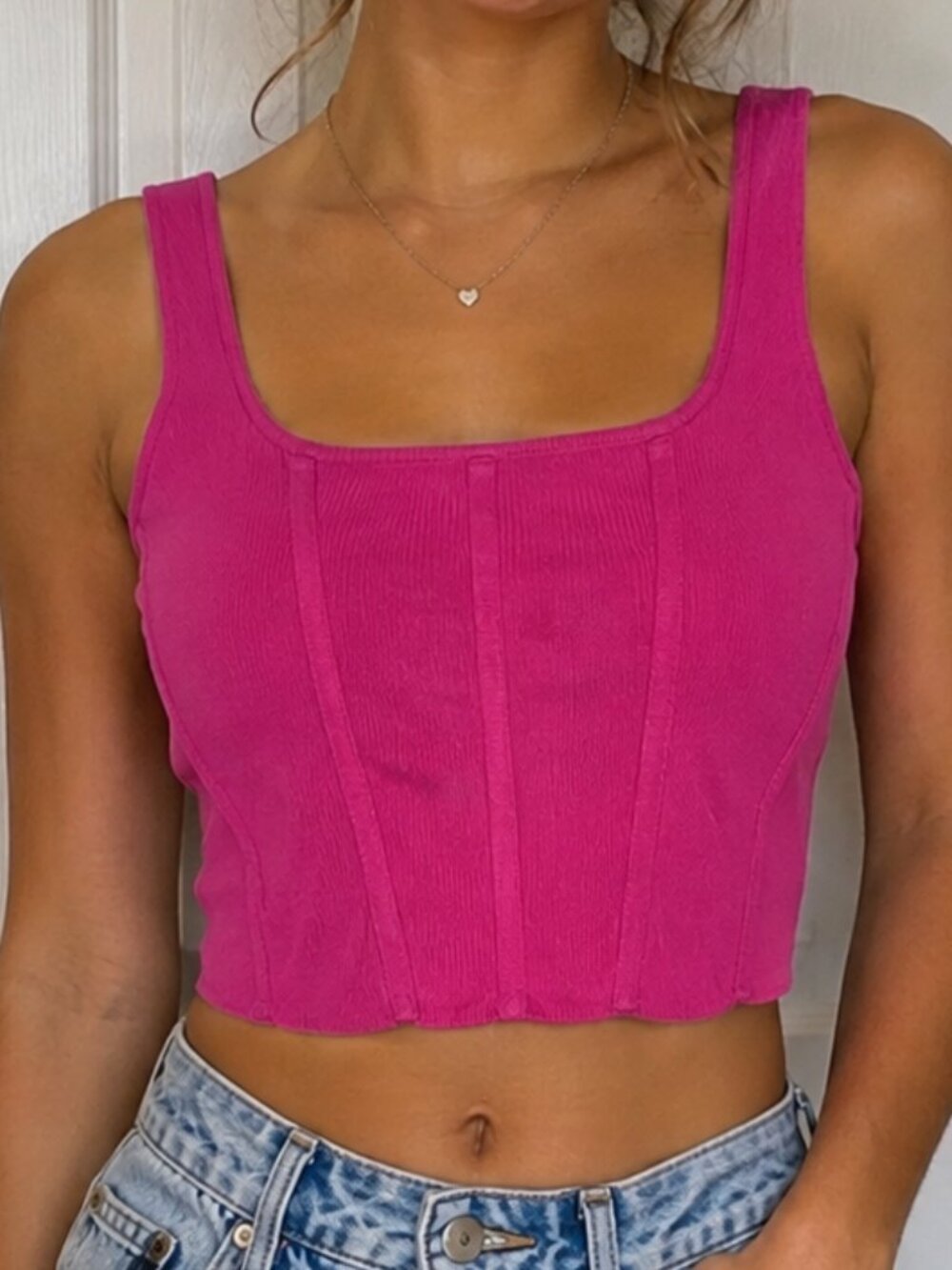H&M Magenta Pink Ribbed Corset Tank Top Size M Y2K Barbiecore Cropped